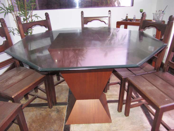 MESA JANTAR OCTOGONAL MADEIRA VIDRO